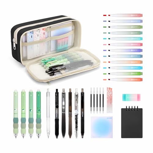 ESSALOO Pencil Case with Stationery Included Pencil Case Set & School Stationary Supplies School Stationery Set with 12 Highlighters 5 Gel Pens & 4 Erasable Pens Sticky Notes & A7 Notebook Black