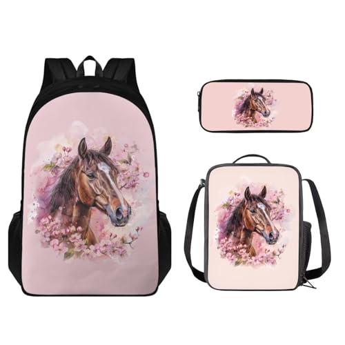 Set zaino per bambini 3 pezzi leggero con borsa per il pranzo e astuccio coordinati Cavallo Peach Blossom - Rosa e Marrone Taglia unica Zaino per