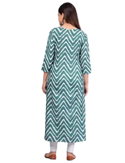 Image of Women's Round Neck Wave Printed Dark Green Regular Fit 3 /4th Sleeves Kurti