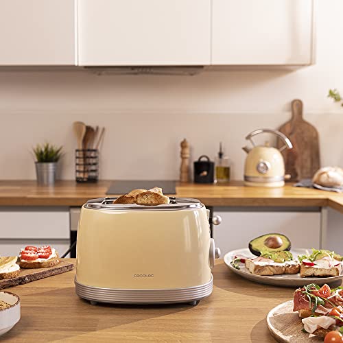 Cecotec Toast & Taste 800 Vintage Light Yellow. 850 W, double fente courte extra large de 3,8 cm, 2 toasts, finitions en acier inoxydable, style vintage, 3 fonctions, jaune