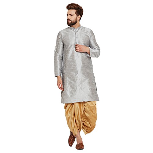 Image of SOJANYA (Since 1958 Men's Off-White and Gold Dupion Silk Dhoti Kurta Set