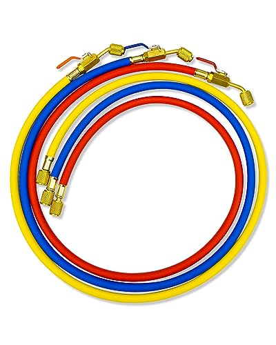 Image of 1 /4 inch HVAC Hose With Ball Valves End, 800 PSI 48 inch Refrigerant Charging Hose, 3 Pcs Color Coded Low Loss Fittings for R12 R22 R404 R410A R134A R502 Air Condition Refrigeration