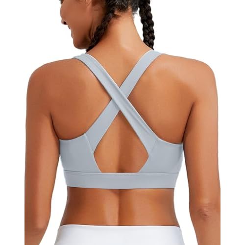 RUNNING GIRL High Impact Sports Bras for Women, High Support Running Strappy Women's Sports Bra with Sewn in Pads Grey Medium