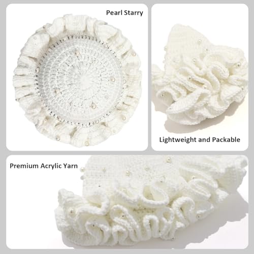 Hshsclth Women Starry Pearl Crochet Hat Handmade Beaded Trim Knitted Bucket Hats Solid Color Fashion Ruffled Brim Bucket Hat (US, Alpha, One Size, White) - image 6
