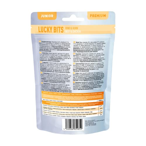 Chewies Lucky Bits Rind & Huhn Junior Hundeleckerli für Welpen - Hundeleckerlis getreidefrei & Soft mit viel Protein und Superfoods wie Bierhefe oder Ginkgo, ohne Zucker (80 g)