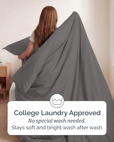 Image of Duvet Cover Twin /Twin XL Size - 2 Piece Set with Zipper Closure - Dark Grey | Extra Soft Twin /Twin XL Duvet Cover 68 inch x 90 inch with 1 Pillow Sham, Hotel Luxury w / Zipper Closures & Ties, Comfy & Breathable