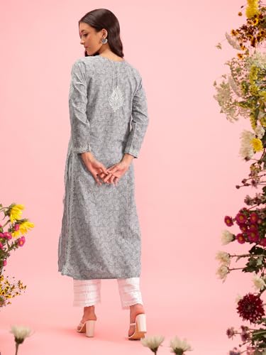 Image of Ada Women's Cotton Straight Fit Straight Hand Embroidered Lucknowi Chikankari Kurta Kurti A411378
