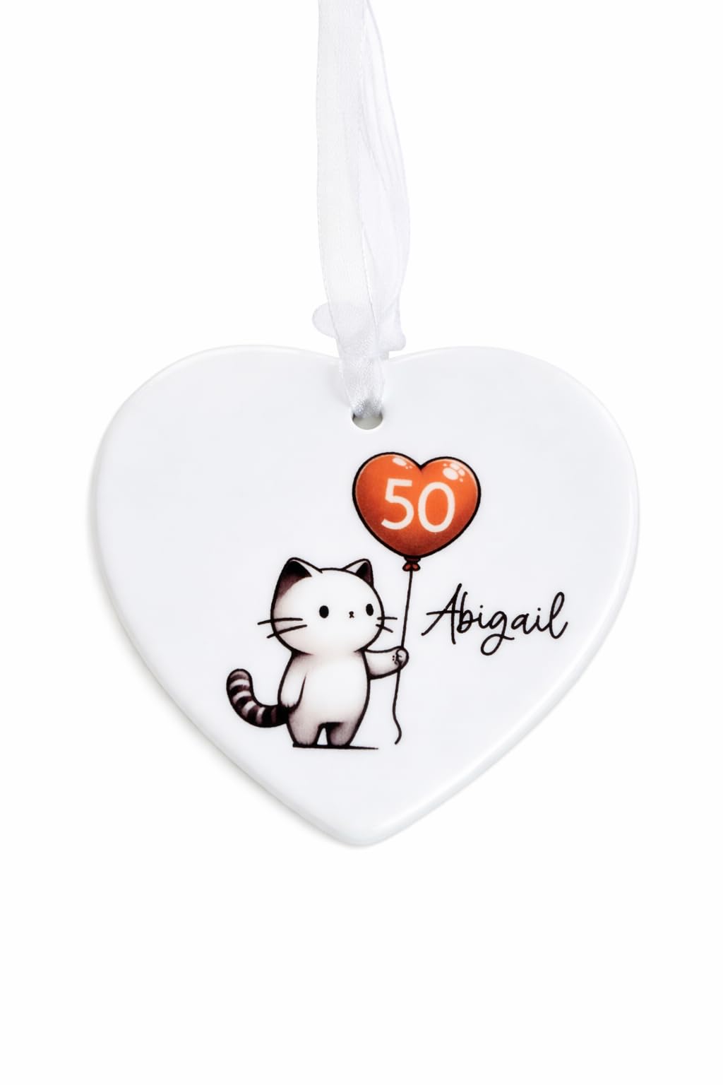 Personalised 50th Birthday Keepsake for Her – Handmade Ceramic Heart Ornament with Cat Design – Custom Name Gift for Cat Lover