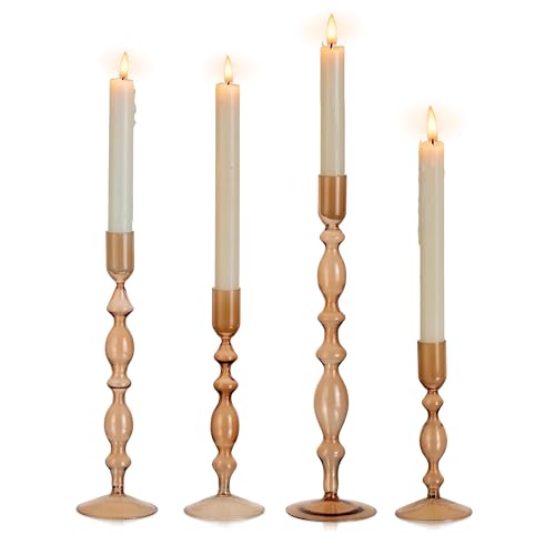 Glasseam Glass Candle Stick Candle Holder: Glasseam Amber Taper Candle Holder Set Of 4 Modern Candle Sticks Holder Decor Tall Decorative Candle Holders For Table Fall Centerpiece Dining Thanksgiving Halloween cover