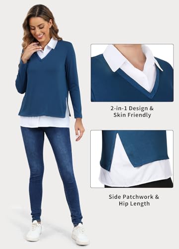 Image of Vldnery Womens Fall Winter Sweater 2025 Trendy Clothes Oversized V Neck Long Sleeve Shirts 2 in 1 Outfit Casual Pullover Tops