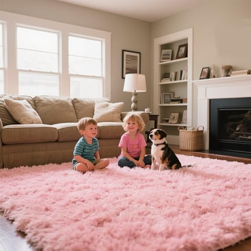 Pink Area Rugs for Girls Bedroom, 8x10 Fluffy Fuzzy Shaggy Carpet for Kids Playroom Nursery Living Room, Thick Soft Plush Mat for Kids Baby Boys Teen Dorm Home Decor Aesthetic