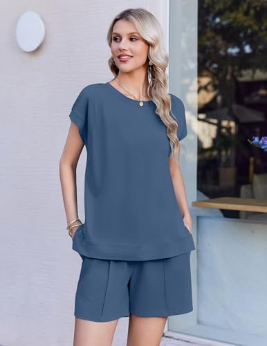 Ekouaer Cotton Two Piece Sets for Women Summer Short Set Crew Neck Matching Sets Cap Sleeve Vacation Outfits With Pocket - image 2