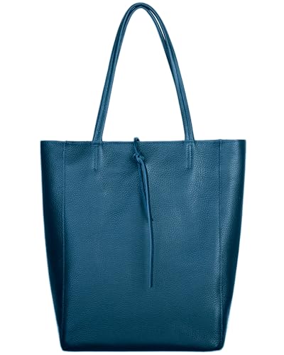 Image of Genuine Italian Leather Tote Bag for Women, Large Slouchy Purse, Teal | Unstructured bag, raw unlined interior with zip pocket, top zipper, side ties, folds flat, fits a 16-inch laptop, lightweight