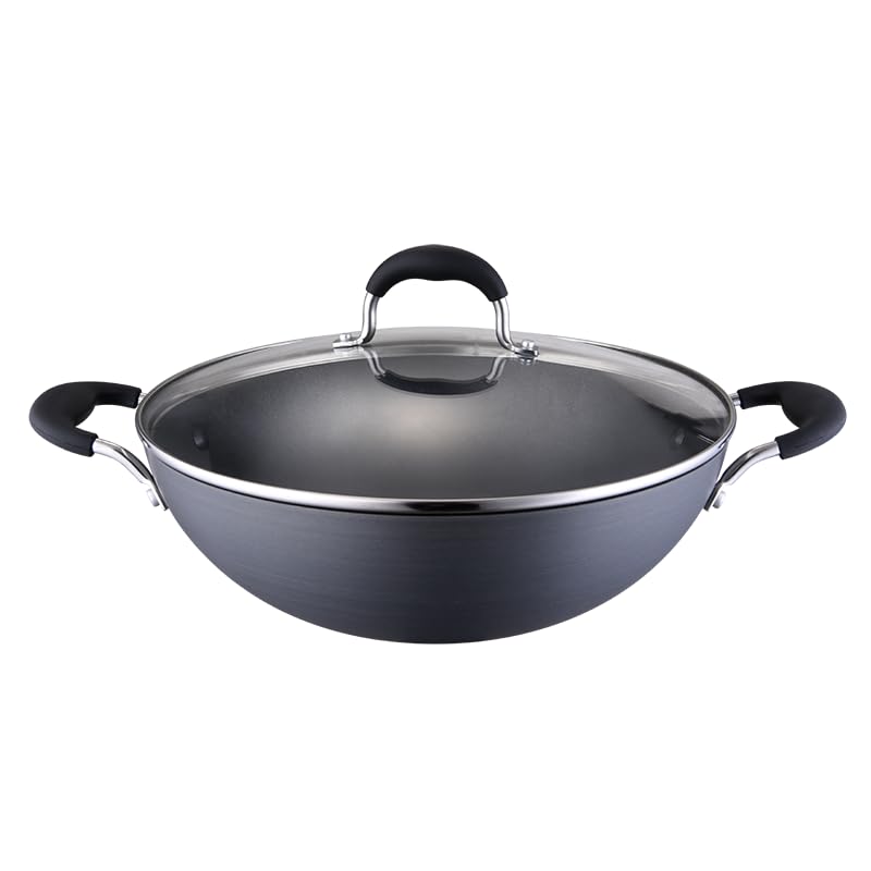Hard Anodized Wok/Kadai with Glass Lid Non-Stick Ceramic Coated Saute pan Double Handles Wok 28cm/26cm (28CM)