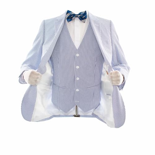 Seersucker Slim Fit 3 Piece Blazer Vest Pants Party Striped Men's Suit Sets Summer Beach Wedding Grooms Dress