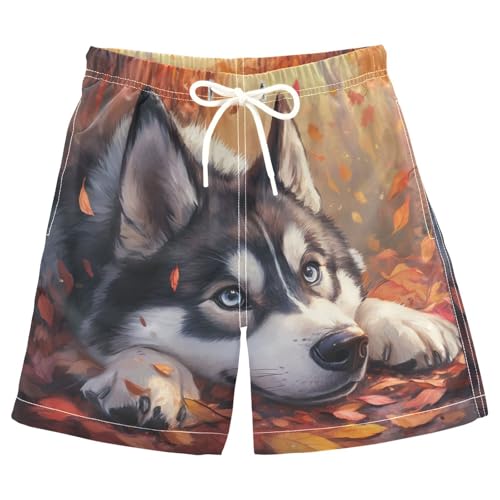 DOMIKING Husky Leaves Orange Boys' Pull On Swim Trunks Quick Dry