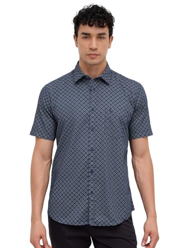 Image of Parx Men Slim Fit Print Pattern Pure Cotton Semi Cutaway Collar Half Sleeve Casual Shirt