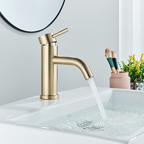 Saeuwtowy Grifo de Lavabo de Baño Cepillado Oro,Instalación de un Grifo de Baño de Latón Frío y Caliente Controlado por un Solo Mango en Cubierta de un Solo Agujero Cover
