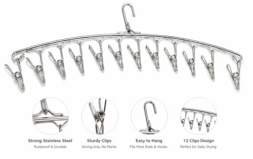 Image of PUREAGLE Premium Clips for Clothes Drying | Stainless Steel Cloth Dryer Hanger 12 Clips | Clothes Drying Stand Hanger for Socks, Baby Clothes, Undergarments | Rustproof Heavy Duty
