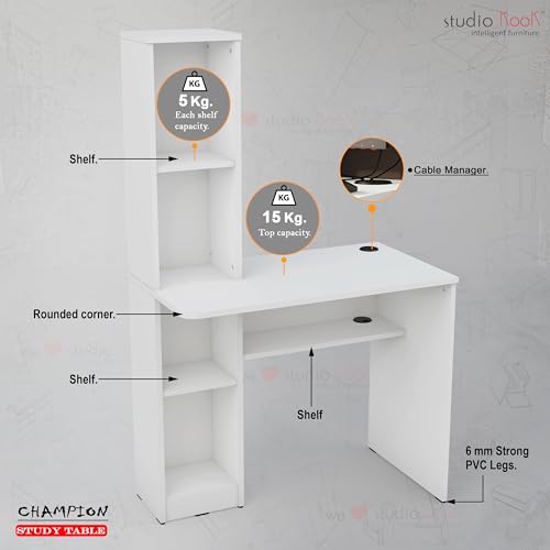 Image of Studio Kook Champion Engineered Wood Study Table with Storage, Matte Finish, 5 Shelves (Moonshine White)