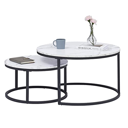 GrandCA HOME Set di 2 Tavolini Rotondi ad Incasso con Piano in MDF con Motivo Marmo, Tavolino da Salotto, Marmo Bianco e Nero(80x80x45cm)