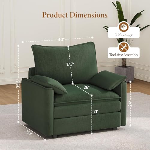 Image of Vesgantti 40 inch Single Seat Sofa, Comfy Cloud Couch Deep Seat Upholstered Couch Chenille Modern Sofa with Armrest Pillows, Easy Assembly for Living Room, Bedroom and Apartment, Green