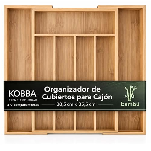 KOBBA Organizador Cubiertos para Cajón | Organizador de Cajones Extensible | Orden en Cocina, Despacho o Baño | Fácil limpieza | Cubertero Bambú (5-7 Compartimentos)