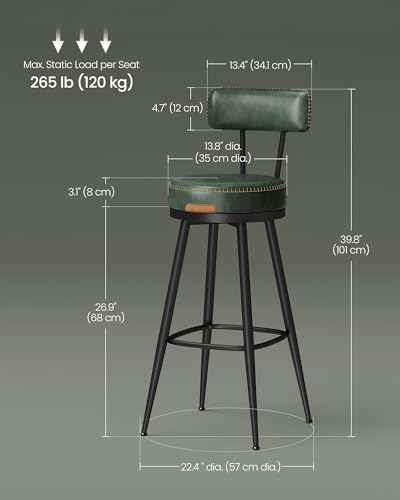 Image of VASAGLE EKHO Collection - Bar Stools Set of 2, Swivel Bar Height Bar Stools with Back, Synthetic Leather with Stitching, Mid-Century Modern, 30-Inch Tall Barstools, Forest Green ULBC889C01V2