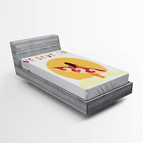 Ambesonne Graphic Beach Fitted Sheet, Live Love Surf Text and Girl with Surfboard, Bed Cover with All-Round Elastic Deep Pocket for Comfort, Twin XL Size, Yellow Beige