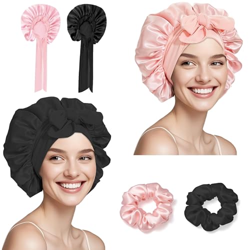 2 Stück Seidenhaube zum Schlafen mit Haargummis Verstellbarem Satin Haarhaube Seide Weich Schlafmütze Damen Haarschutz für die Nacht Bonnet Sleep Cap Duschhauben