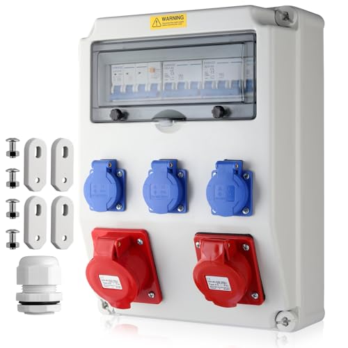 EYPINS Distributore di Corrente da Cantiere,3x 230V 1x 16A 1x 32A,Quadro Elettrico Esterno da Parete,Protezione LS e FI,Impermeabile,per Giardini, Garage, Officina