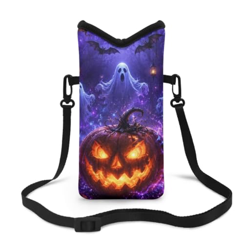 Image of Women's Crossbody Phone Bag Lightweight Neoprene Cellphone Case Waterproof Phone Carry Pouch for iPhone 17 /16 /15 Pro, for Samsung S25, S24, S23, S22, S21, Pumpkin Ghost Bat Print Violet