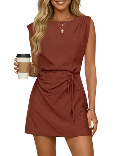 Image of Wenrine Womens 2026 Summer Mini Dress Casual Sleeveless Tie Waist Loose Ruched Beach Vacation Short Sundresses