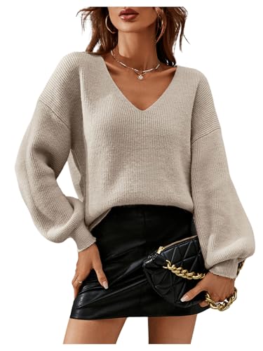 MakeMeChic Women's Solid V Neck Drop Shoulder Sweater Long Sleeve Knitted Pullover Casual Tops