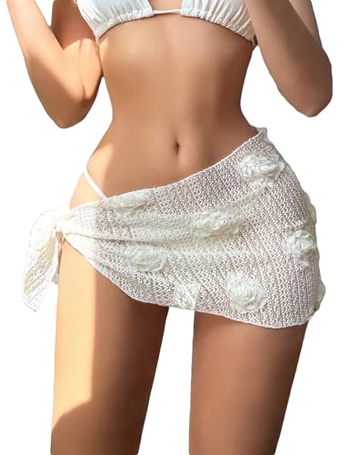 Women's Floral Appliques Knot Side Summer Bikini Cover Up Skirt