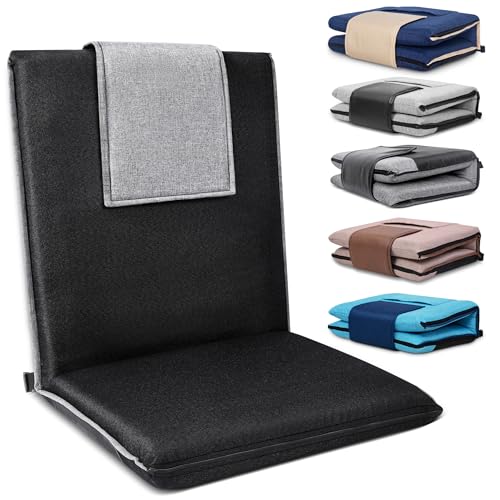 Image of Floor Chair with Back Support 14-Position Adjustable Floor Chair Portable Ground Seating for Adults & Kids Foldable Meditation Seat with Japanese KOYO Bearings & Washable Linen Cover (Black)