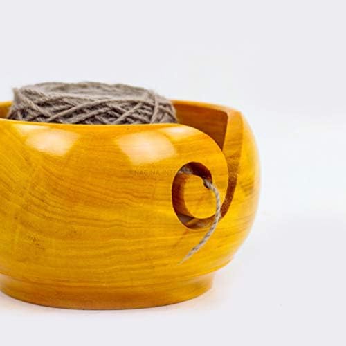 Nagina International Yellow Teak Wood Crafted Premium Portable Light Weight Knitting & Crochet Yarn Bowl | Stitch Accessories & Storage (Medium)