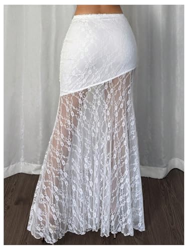 GORGLITTER Women's Floral Lace Sheer Mesh Long Skirt A Line Low Rise Ruched Flowy Coquette Skirts3