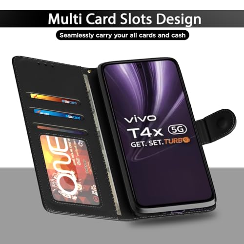 Image of Amazon Basics Flip Cover for Vivo T4x 5G / iQoo Z10x 5G Leather Finish | Wallet Stand and Shock Proof | Inside TPU with Card Pockets | Complete Protection Flip Case(Black)