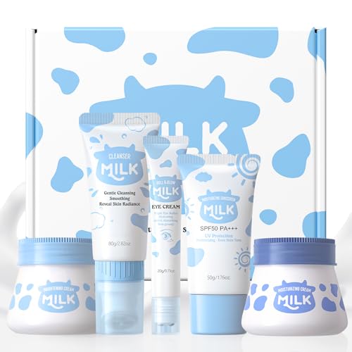 LAIKOU Skincare Set Milk Beauty Gift Sets for Teenage Girls with Cleanser Day Cream Night Cream Eye Cream Sunscreen Facial Kits for Women Wife Mom Deep Hydrating Smoothing 5pcs