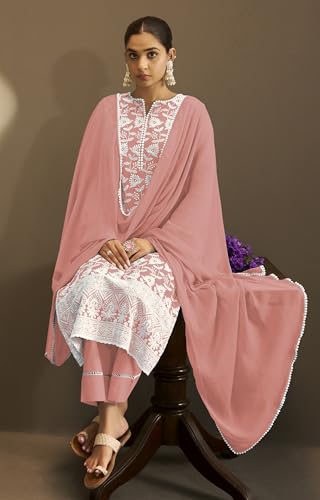 Image of DRESOUL Women Pure Cotton Schiffli Embroidered Kurta Set and Dupatta