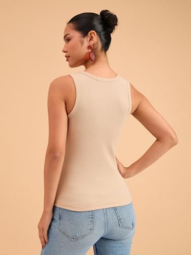 Image of barcino Beige Ribbed Round Neck Tank Top