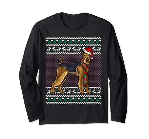 Xmas Airedale Terrier Dog Santa Hat Ugly Christmas Long Sleeve T-Shirt, Black
