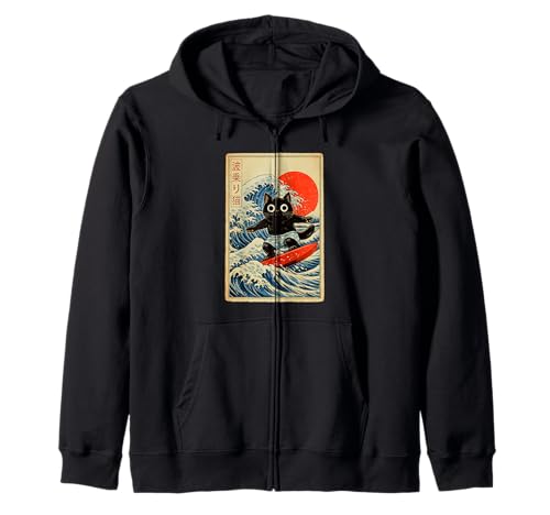 Ukiyo Japón Kanji Divertido Gato Surfeando Gran Ola De Kanagawa Sudadera con Capucha