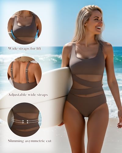 Image of B2prity Women's Mesh One Piece Swimsuit Tummy Control Sexy Bathing Suit Push Up Swim Suit Slimming Swimwear