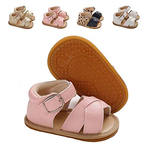 BOVINO KT Baby Toddler Infant Girls PU Leather Soft Closed Toe Summer Sandals Flower Princess Flat Shoes D-Pink