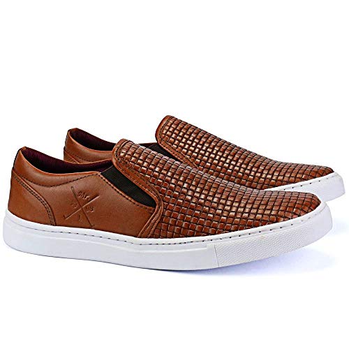 Sapatenis Iate Slip On Masculino Couro Confort Tresse Cor:Bege;Tamanho:41