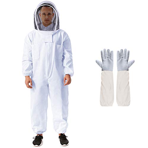 Beekeeping Suit Apiarist Beekeeping Jacket w/Sheepskin Gloves & Ventilated Fencing Veil Hood Professional