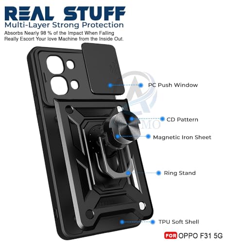Image of AIBEX Back Cover Compatible for Oppo F33 5G / Oppo F31 5G | D10 Tough Armor Case | Sliding Camera Shield | 360 Protection | Kickstand Ring Holder | Military-Grade Bumper Case - Black