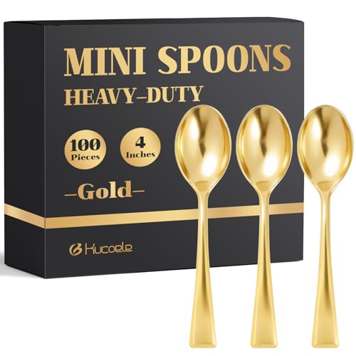 Kucoele Lot de 100 mini cuillères à dessert jetables en plastique doré de 10,2 cm pour apéritifs, puddings, crèmes glacées
